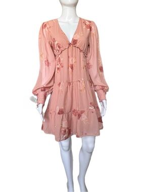 Romantic Dusty Pink Floral Tiered Long-Sleeve Dress